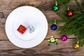 Christmas dinner on background with rustic table decorations. View from above Royalty Free Stock Photo