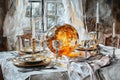 A Christmas dinner featuring champagne, candlelight, and watercolor art Royalty Free Stock Photo