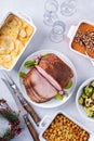 Christmas dinner with honey spiral sliced ham and side dishes Royalty Free Stock Photo