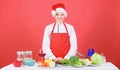 Christmas dinner ideas. Woman chef cooking christmas dinner wear santa hat. Festive menu concept. Best christmas recipes Royalty Free Stock Photo