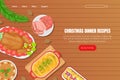 Christmas Dinner Recipes Landing Page Template, Festive Table with Traditional Festive Dishes on Wooden Table, Top View