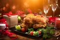 Christmas Dinner. Roasted chicken. Winter Holiday table served, decorated with candles. Roast turkey over blinking background Royalty Free Stock Photo
