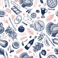 Christmas dinner seamless pattern. Vector hand drawn illustrations. Happy Christmas dinner retro design. Background with Royalty Free Stock Photo