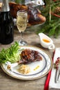 Christmas dinner set. Stuffed goose with champagne Royalty Free Stock Photo