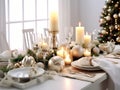 Christmas dinner setting in a light modern dining room. Winter holidays and celebration concept - table served for festive party Royalty Free Stock Photo