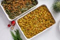 Christmas dinner side dishes including greean beans casserole and stuffing Royalty Free Stock Photo