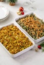 Christmas dinner side dishes including greean beans casserole and stuffing Royalty Free Stock Photo