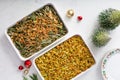 Christmas dinner side dishes including greean beans casserole and stuffing Royalty Free Stock Photo