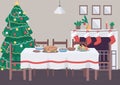 Christmas dinner table flat color vector illustration Royalty Free Stock Photo