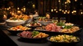 Christmas dinner table with food and snacks. Variety dishes, salads, sliced meats, ham, vegetables, wine glasses