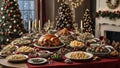 Christmas dinner table full of dishes with food and snacks, adorned with New Year\'s decor, including a Christmas tree in the