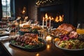 Christmas dinner table seting roasted turkey garnished with herbs, accompanied by potatoes, salad, vegetable dishes. Wine glasses