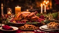 A Christmas dinner table with a turkey, cranberry sauce, and all the trimmings. Royalty Free Stock Photo