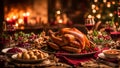 A Christmas dinner table with a turkey, cranberry sauce, and all the trimmings. Royalty Free Stock Photo