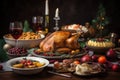 christmas dinner, with turkey, stuffing, and other holiday favorites on the table Royalty Free Stock Photo