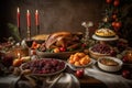 christmas dinner, with turkey, stuffing, and other holiday favorites on the table Royalty Free Stock Photo