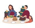 Christmas dinner vector illustration. Xmas meal table setting with family at home background. Family celebrating