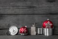 Christmas dinner. Wooden grey background with decoration of old