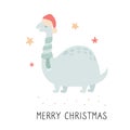 Christmas dino in scarf and Santa hat.