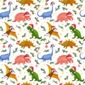 Christmas dinosaur seamless pattern. Cute dino in red Santa hats. Watercolor animals repeating background for New year