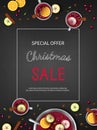 Christmas discount Sale flyer with Winter traditional drink punch in a bowl and cups, oranges, apples, spices, cardamom, cinnamon