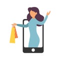 Christmas discounts online. A woman is shopping online. Vector illustration Royalty Free Stock Photo