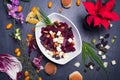 Christmas dish. Gourmet salad on black stone background. Dark food photography. Christmas concept. Christmas food concept