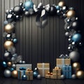 Christmas display with a garland of blue, silver, and gold ornaments over gift boxes against dark wood background Royalty Free Stock Photo