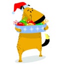 Christmas dog character. Cute pet in santa`s hat with box of dec Royalty Free Stock Photo