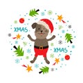 Christmas dog, Greeting card unique hand drawn style, Xmas puppy, animal. Cartoon Christmas dog. Vector holiday card Royalty Free Stock Photo