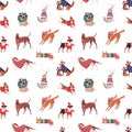 Christmas dogs vector seamless pattern. Puppies of different breads in funny Xmas costumes background. Dachshund