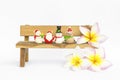 Christmas doll collections on wooden bench with plumeria flower on white background Royalty Free Stock Photo