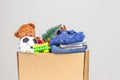 Christmas donation box with toys, books, clothing for charity Royalty Free Stock Photo