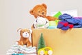 Christmas donation box with toys, books, clothing for charity Royalty Free Stock Photo