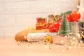 Christmas donations - food donations on light background with copyspace - pasta, fresh vegatables, canned food, baguette, cooking