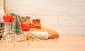 Christmas donations - food donations on light background with copyspace - pasta, fresh vegatables, canned food, baguette