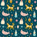 Christmas doodle animals childish cartoon doodles boho naive funky handdrawn style art seamless pattern vector