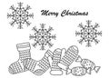 Christmas Doodle coloring book for kids. Hand-drawn sketch with warm knitted socks and mittens, candy and snowflakes Royalty Free Stock Photo