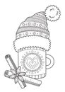 Christmas doodle coloring book page cup with hat. For adults. Black and white illustration Royalty Free Stock Photo