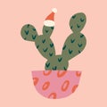 Christmas doodle potted cactus plant Santa character childish cartoon boho naive funky handdrawn style art vector