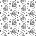 Christmas doodle Santa`s face, stars, snowflakes seamless pattern. Linear black and white winter holiday background