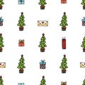 Christmas doodle seamless pattern with Christmas tree, gift boxes, postal envelope.