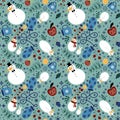 Christmas doodle seamless snowman and snowflakes and cup of tea and apples pattern for wrapping paper