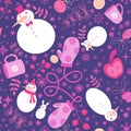 Christmas doodle seamless snowman and snowflakes and cup of tea and apples pattern for wrapping paper