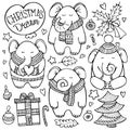 Christmas doodle set with elephants in knitted scarves surrounded by decorative elements Royalty Free Stock Photo