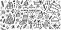 Christmas Doodle Set. Hand drawn lines cartoon set of items and symbols on the new year theme. Vector icons collection isolation Royalty Free Stock Photo