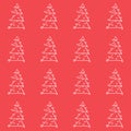 Christmas doodle trees contour symbols of white on a red background, seamless pattern vector illustration Royalty Free Stock Photo
