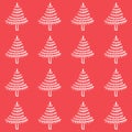 Christmas doodle trees contour symbols of white on a red background, seamless pattern Royalty Free Stock Photo