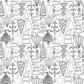 Christmas doodle trees seamless pattern. Vecror outline illustration. Black on white background.