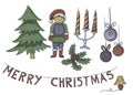 Christmas doodles candles tin soldier gnome sketch hand-drawn separate elements